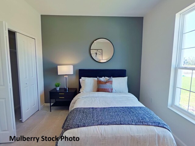 carpeted bedroom with a closet