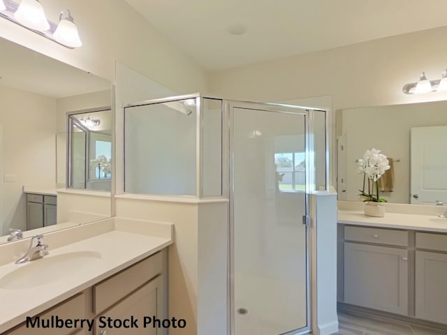 bathroom with a shower with door and vanity