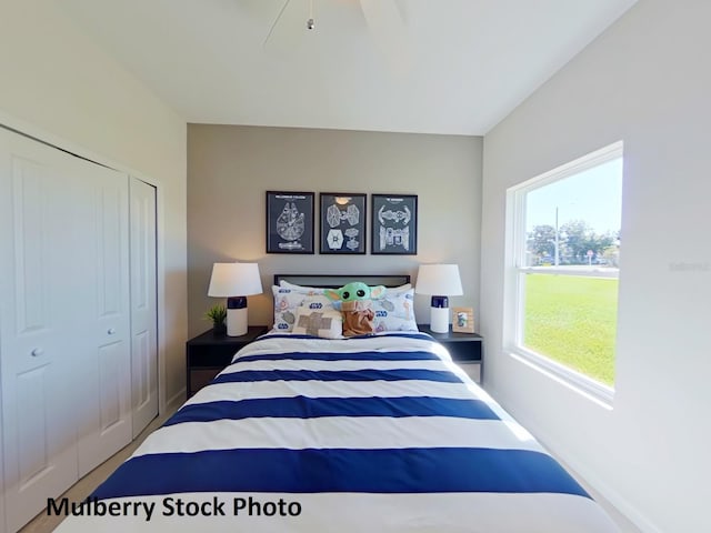 bedroom featuring a closet and ceiling fan