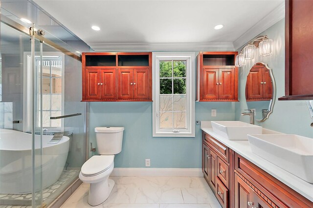 full bathroom with shower with separate bathtub, vanity, tile patterned flooring, crown molding, and toilet