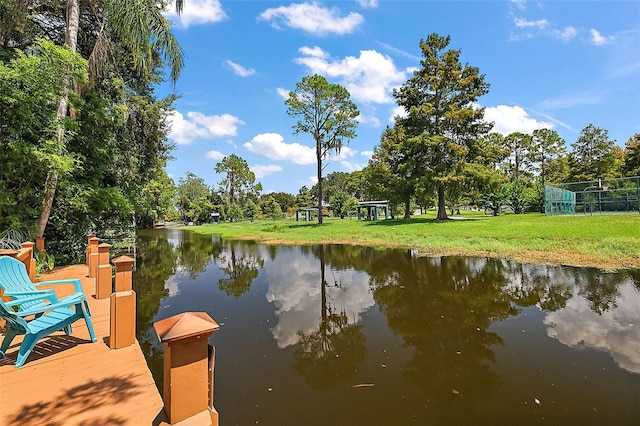 dock area featuring a yard and a water view