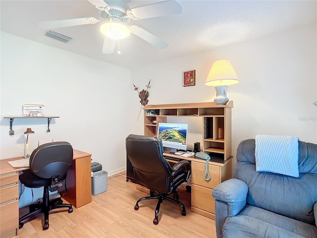 office space with ceiling fan and light wood-type flooring