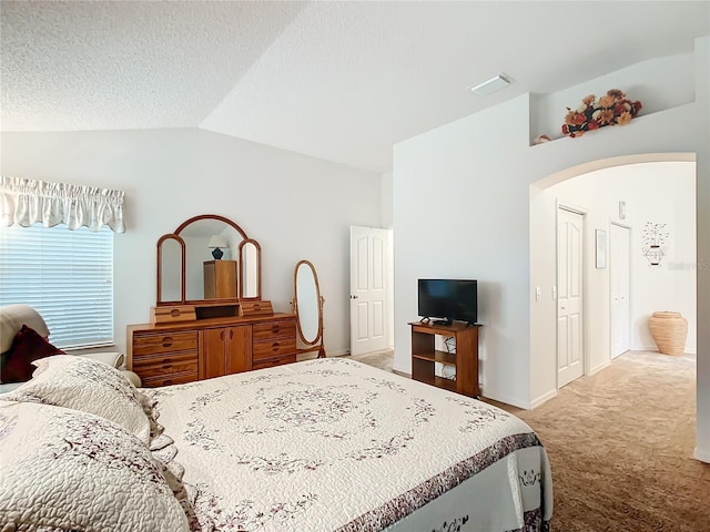 bedroom with vaulted ceiling, a textured ceiling, a closet, and carpet floors