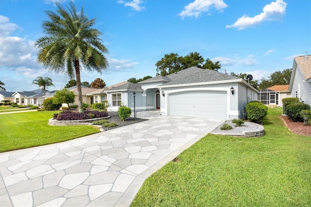 ranch-style home with a garage, driveway, a residential view, stucco siding, and a front lawn