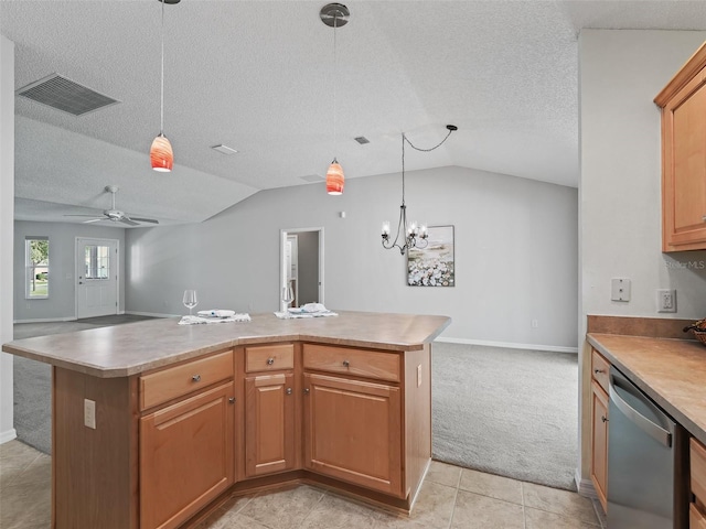 kitchen with ceiling fan with notable chandelier, hanging light fixtures, vaulted ceiling, stainless steel dishwasher, and light colored carpet