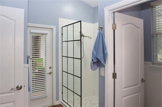 bathroom featuring a shower with door