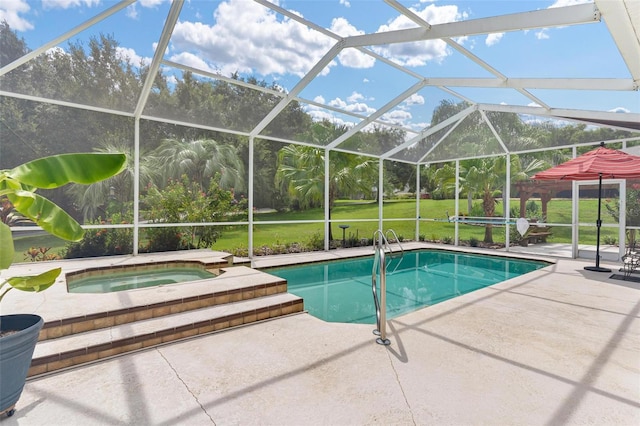 view of swimming pool featuring a lawn, a lanai, a patio, and an in ground hot tub