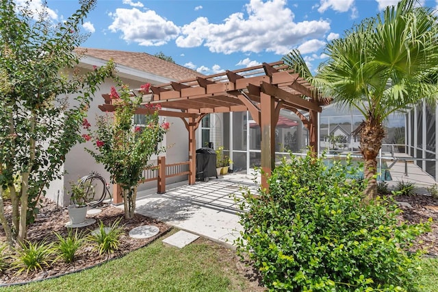 exterior space with a swimming pool, a patio, and a pergola