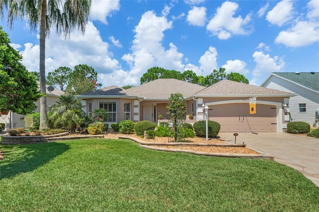 ranch-style house with a front yard and a garage