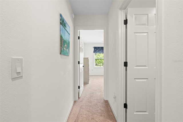 corridor featuring light carpet and baseboards