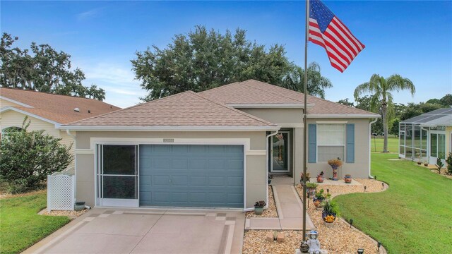 32915 Crooked Oaks Ln, Leesburg, FL 34748 - ranch-style house featuring roof with shingles, stucco siding, concrete driveway, a garage, and a front lawn
