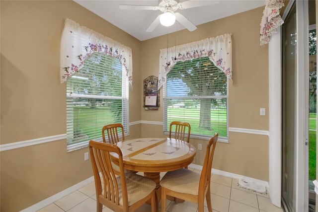 32915 Crooked Oaks Ln, Leesburg, FL 34748 - dining room with light tile patterned flooring, ceiling fan, and baseboards