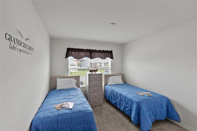 bedroom featuring light carpet and a textured ceiling