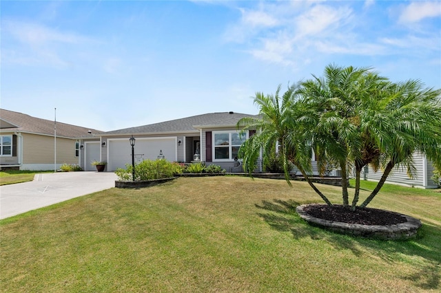 single story home featuring a front lawn, concrete driveway, and an attached garage