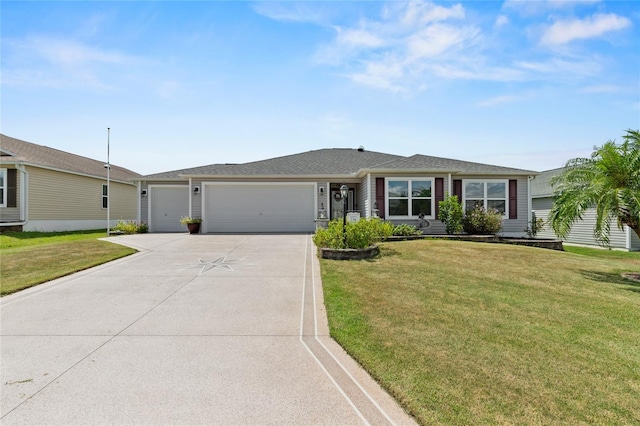 ranch-style home with a garage and a front lawn