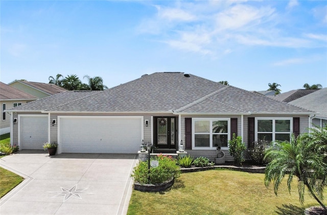 single story home with an attached garage, a front yard, concrete driveway, and roof with shingles