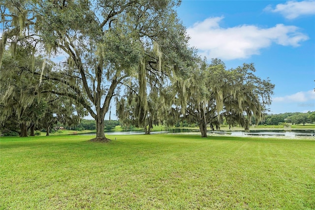 view of property's community featuring a lawn and a water view