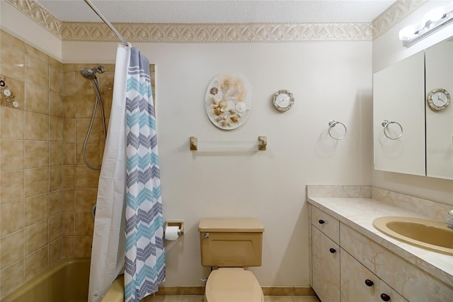 full bathroom featuring tile patterned flooring, shower / tub combo with curtain, toilet, and vanity