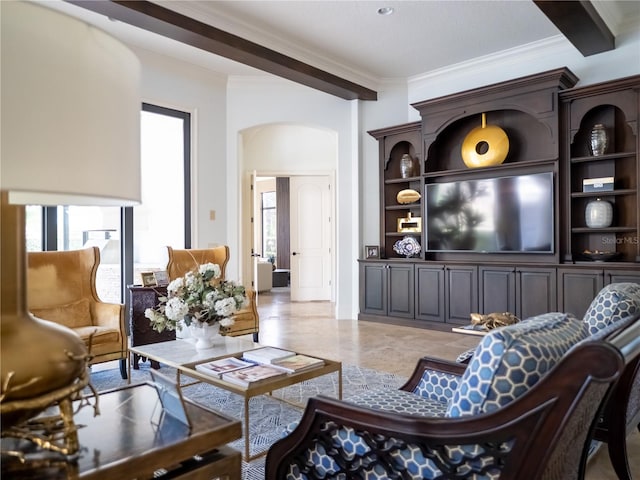 living room featuring crown molding