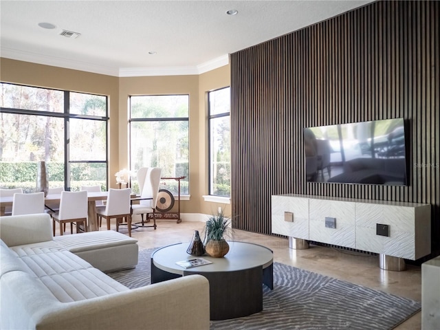 living room featuring crown molding