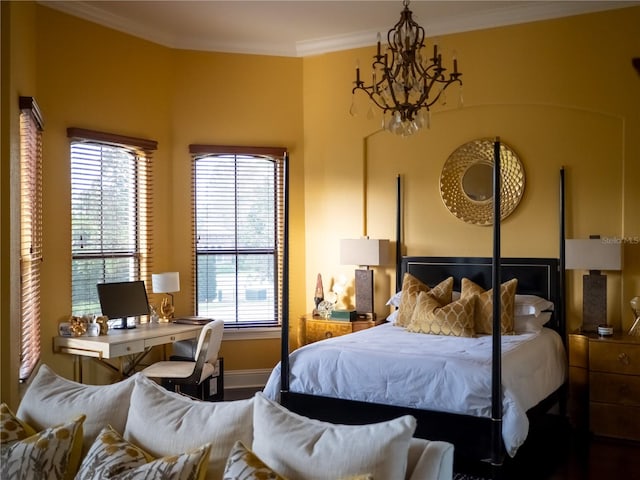 bedroom featuring a chandelier, crown molding, and multiple windows