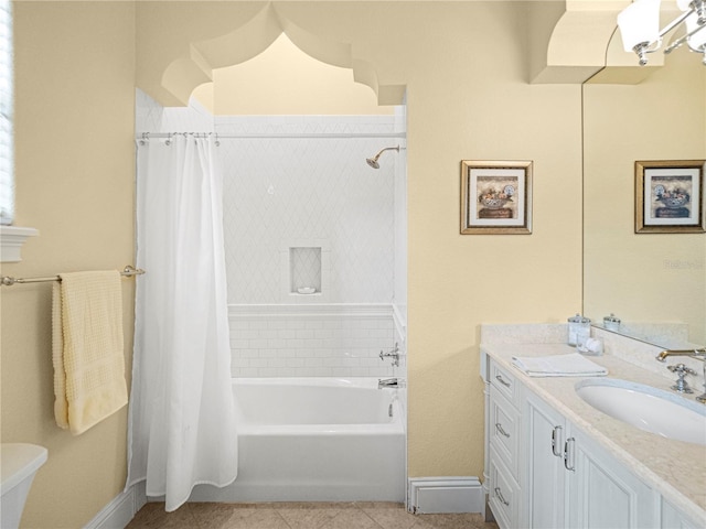 bathroom with tile patterned flooring, vanity, and shower / bath combination with curtain