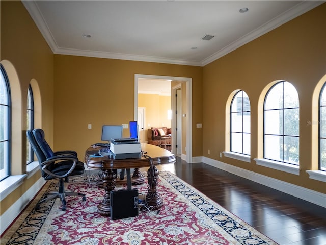 office area with crown molding and dark wood-type flooring