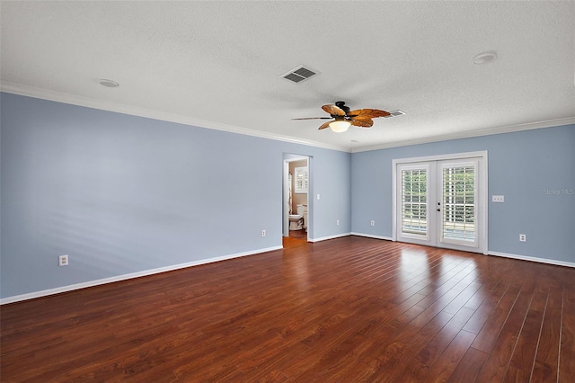 spare room featuring crown molding, french doors, hardwood / wood-style floors, and ceiling fan