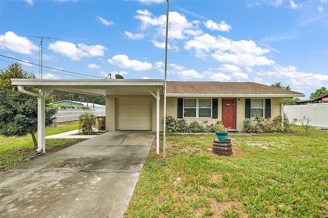 ranch-style house featuring a front lawn, a carport, and a garage