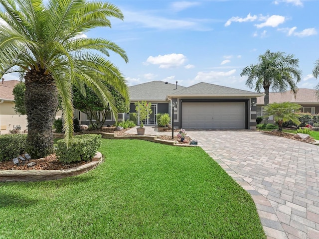 ranch-style house with a front yard and a garage