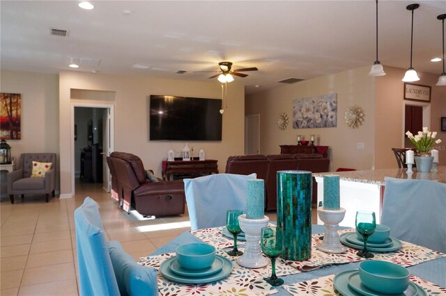 dining space featuring recessed lighting, ceiling fan, visible vents, and light tile patterned flooring