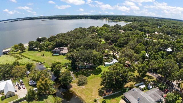 birds eye view of property featuring a water view and a view of trees