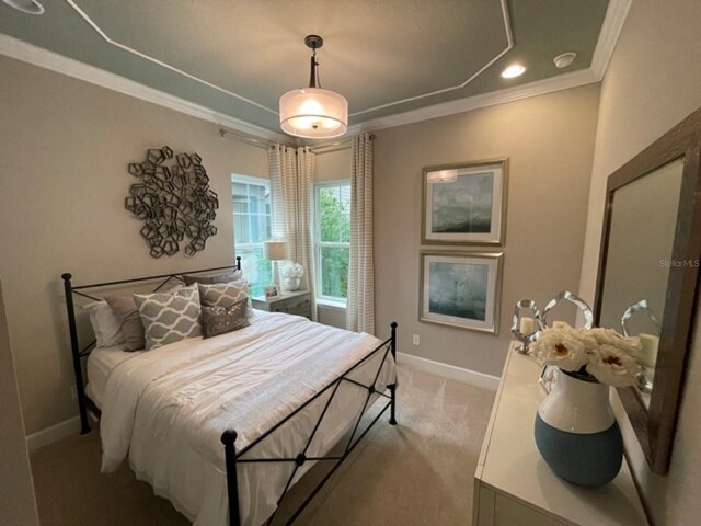 carpeted bedroom with crown molding