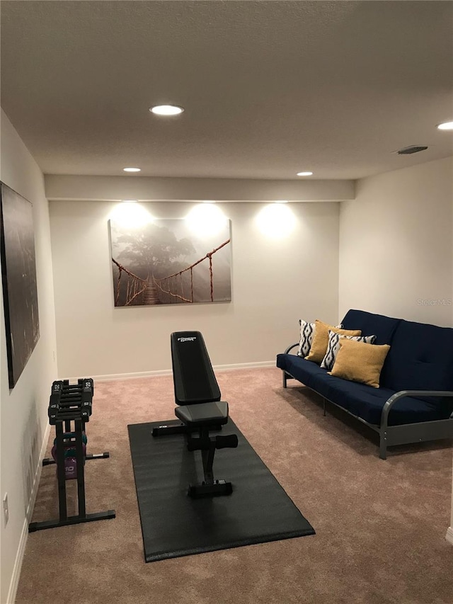 workout area featuring carpet flooring