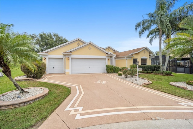 ranch-style home featuring a garage and a front lawn