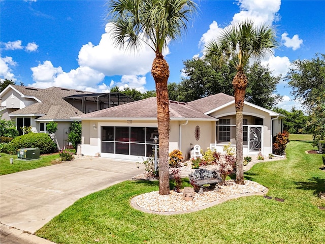 ranch-style home with stucco siding, a shingled roof, a front yard, a garage, and driveway