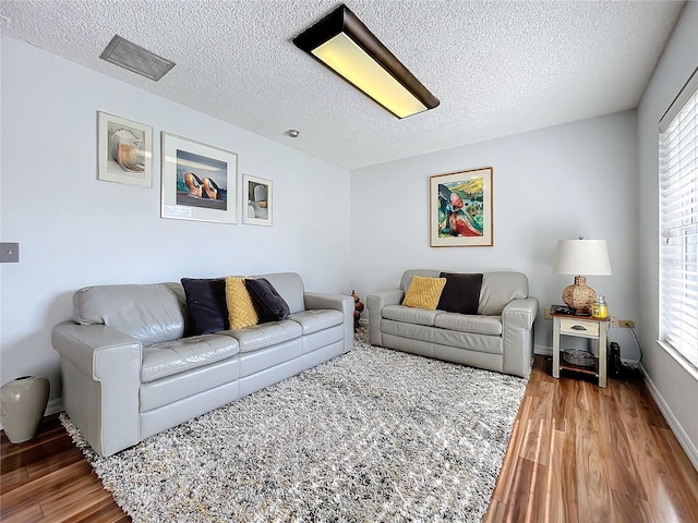 living room with a textured ceiling, a healthy amount of sunlight, and wood-type flooring