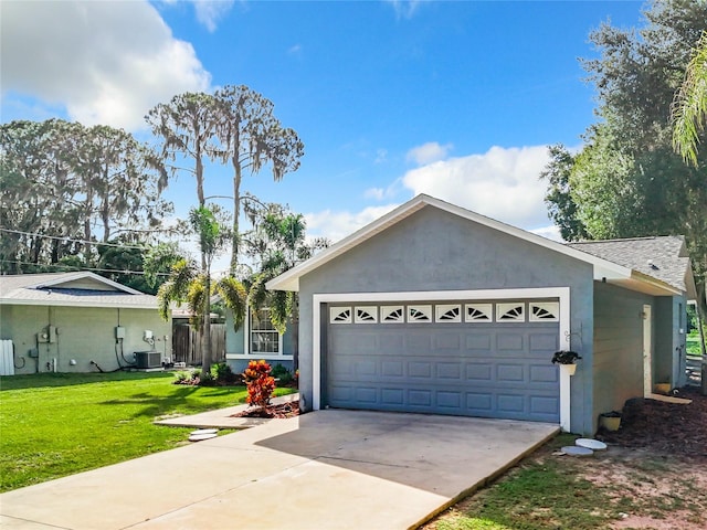 single story home featuring cooling unit, a front lawn, and a garage