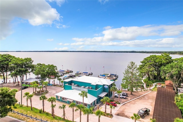 birds eye view of property featuring a water view