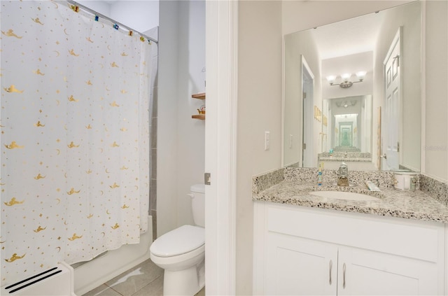 full bathroom featuring tile patterned flooring, shower / bathtub combination with curtain, a baseboard heating unit, toilet, and vanity