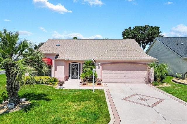 ranch-style house with stucco siding, a shingled roof, an attached garage, a front yard, and driveway