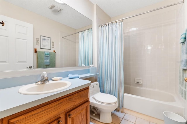 bathroom with shower / tub combo, visible vents, toilet, tile patterned flooring, and a textured ceiling