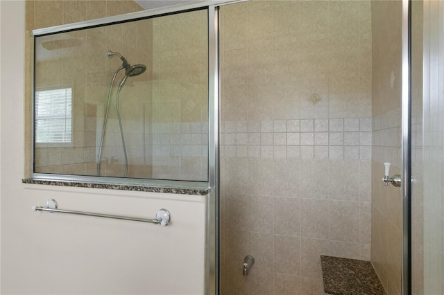 bathroom featuring a shower with door