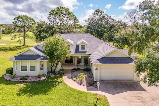 view of front of home with concrete driveway, a shingled roof, an attached garage, and stucco siding