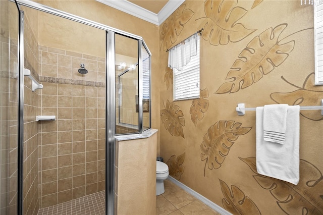 bathroom featuring tile patterned floors, ornamental molding, an enclosed shower, and toilet