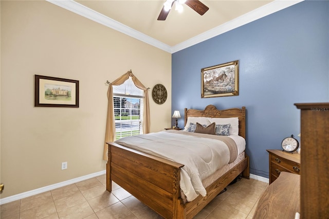 bedroom with ceiling fan, light tile patterned floors, and crown molding