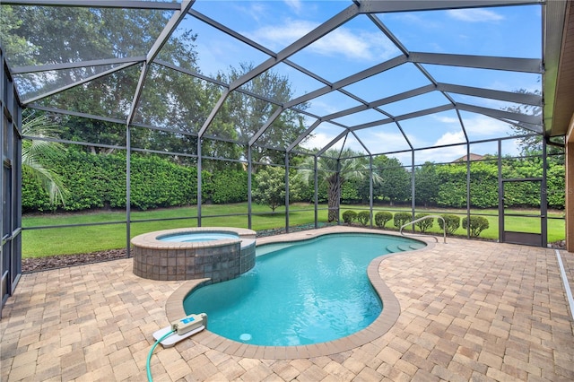 view of pool featuring glass enclosure, a patio area, and a yard