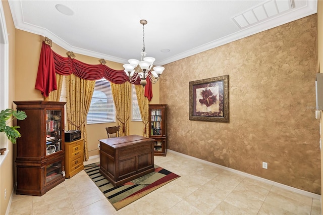 office space featuring a notable chandelier and crown molding