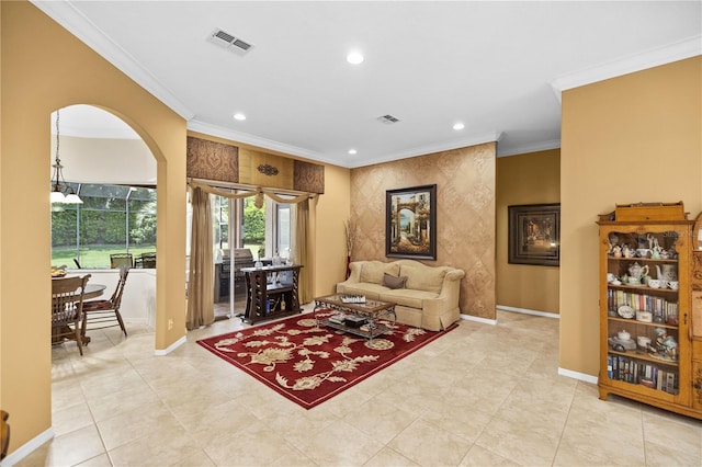 tiled living room with crown molding