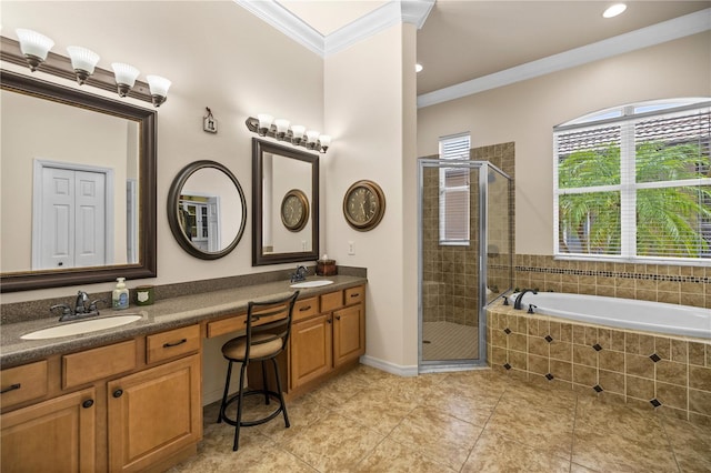 bathroom with crown molding, tile patterned flooring, vanity, and independent shower and bath